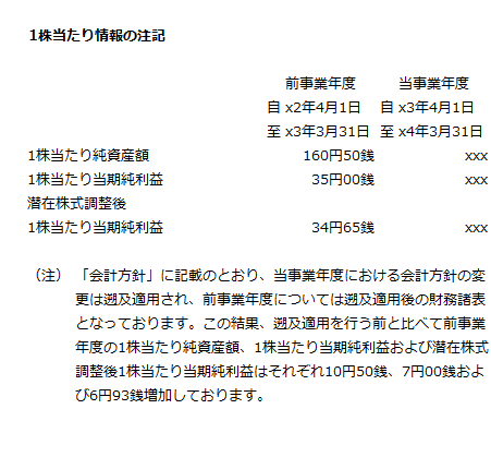 x4年3月期の1株当たり情報の注記